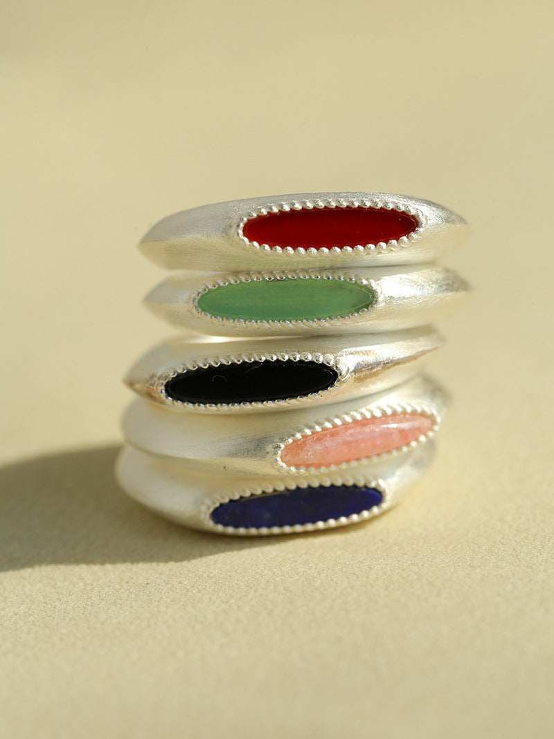925 Silver Brushed Oval Stone Ring