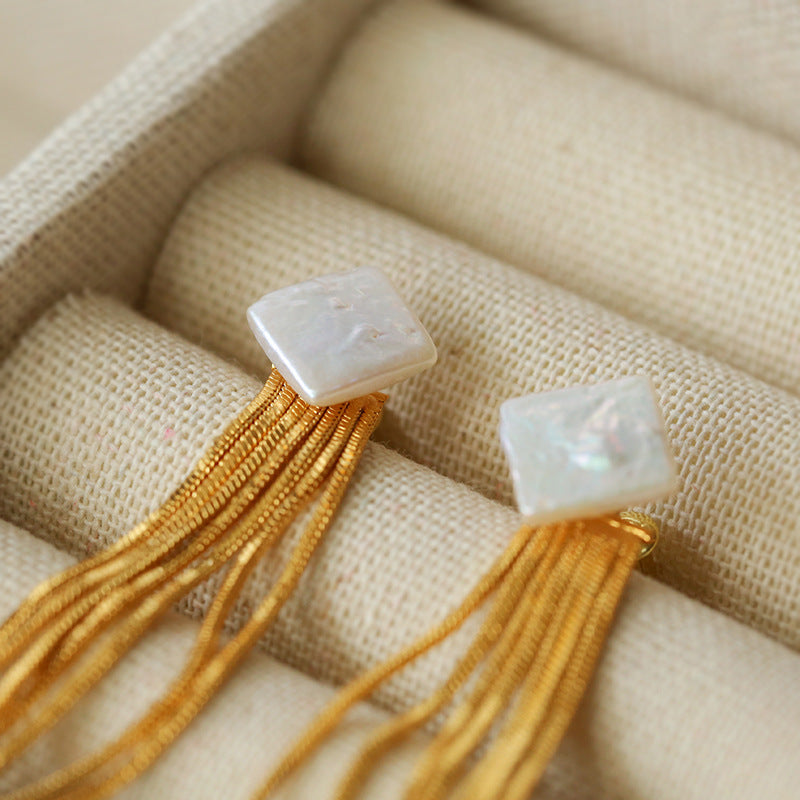 Baroque Flow Long Tassel Square Pearl Earrings