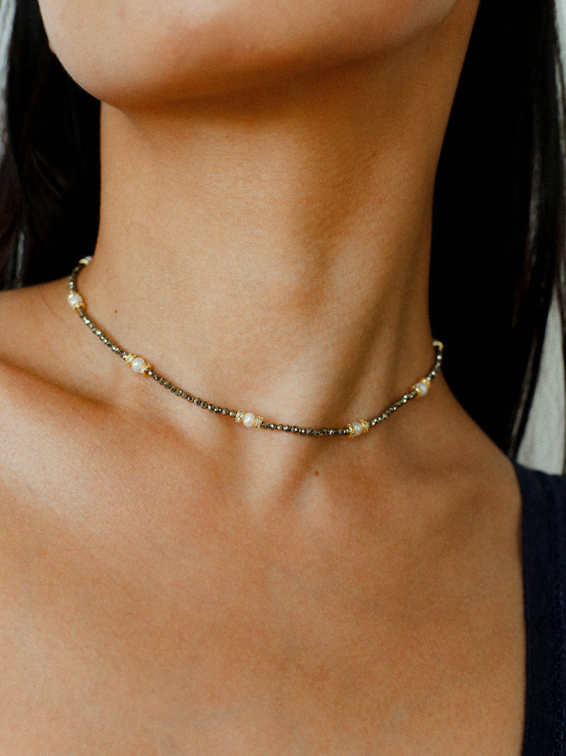 Boho Golden Pyrite & Pearl Choker