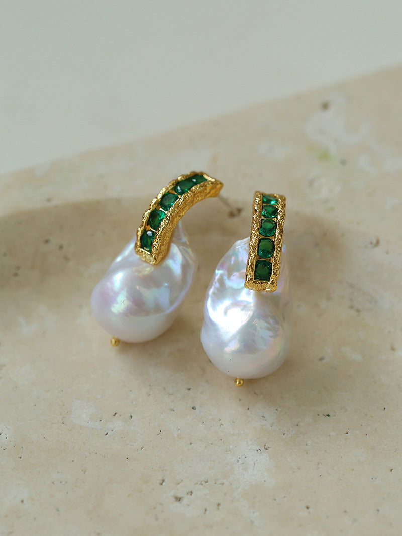 Baroque Pearl & Green Zircon Hoop Earrings