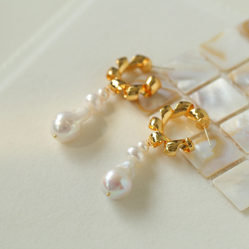 Twisted Gold Baroque Pearl Drop Earrings