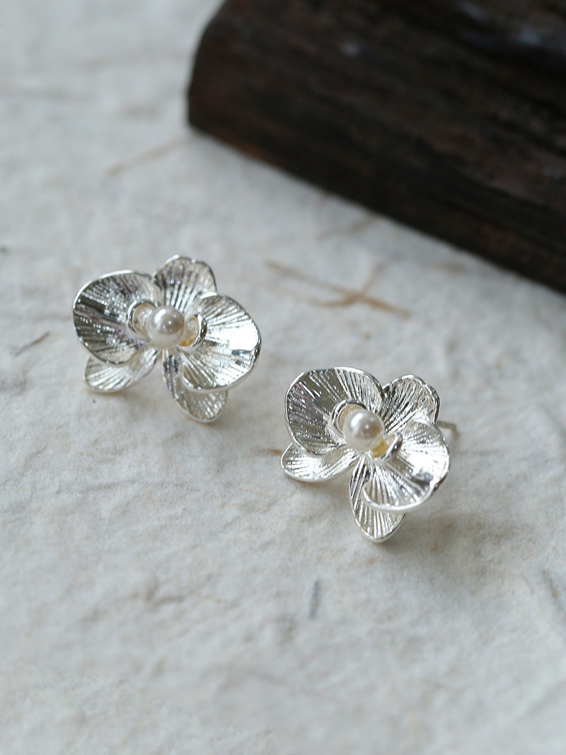 Silver Orchid Pearl Stud Earrings