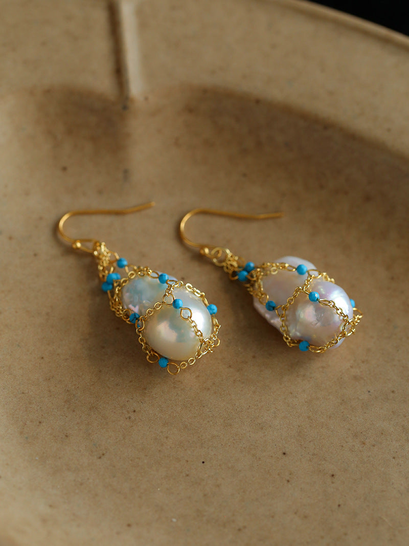 Blue Turquoise Net-Wrapped Baroque Pearl Earrings