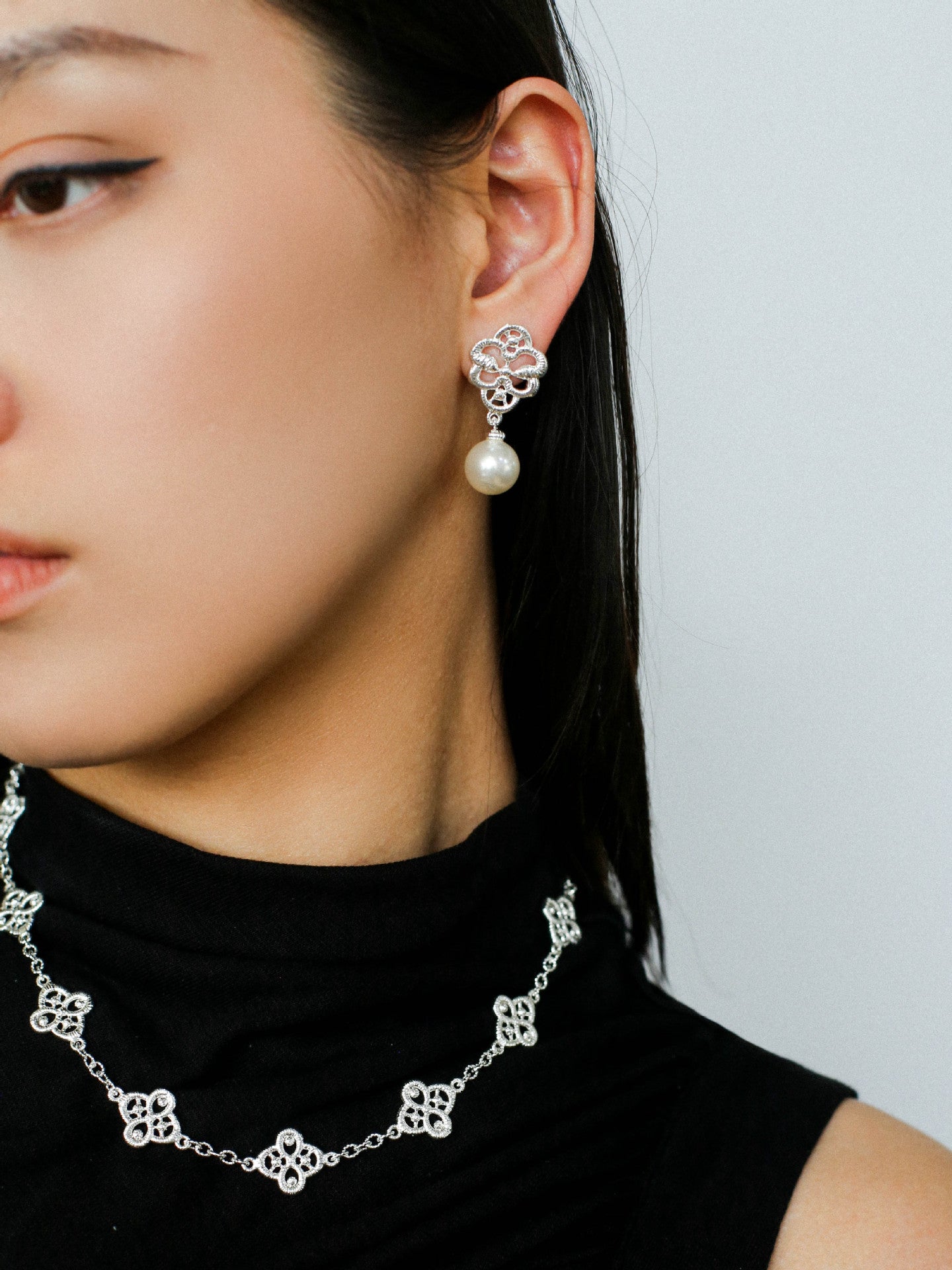 Filigree Lace Bloom Pearl Drop Earrings