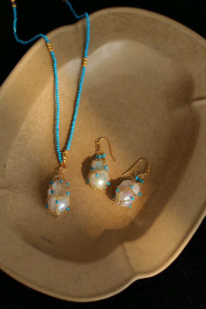 Blue Turquoise Net-Wrapped Baroque Pearl Necklace