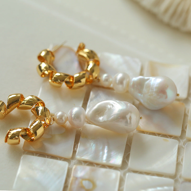 Twisted Gold Baroque Pearl Drop Earrings